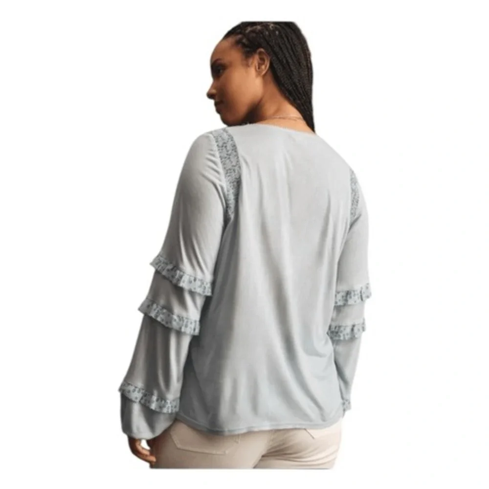 Tiny Anthropologie Frances Blouse Blue Floral Embroidered Long Sleeve Ruffled XX